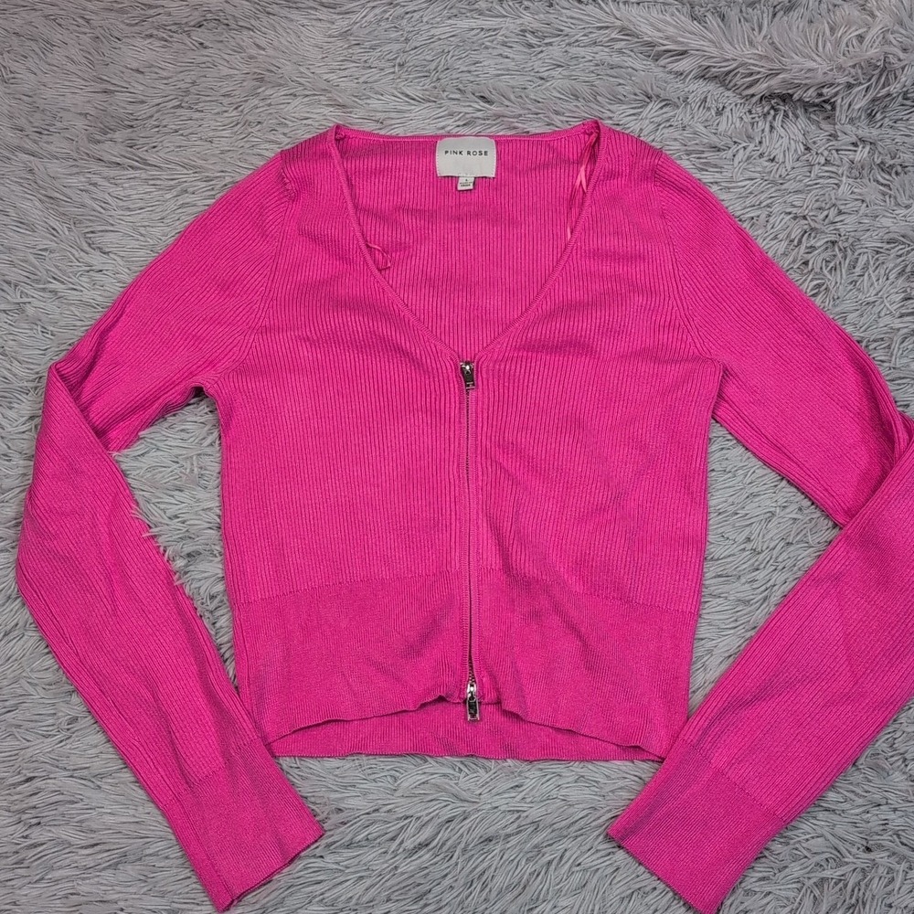 Pink Rose Shirt Womens L Pink Zip Up Top Casual Comfort Textured Cropped Stretch